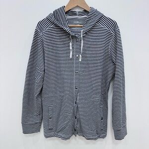 LL Bean Women's Striped Hooded Jacket Size Lg Snap Up Navy Gray Cotton Pockets